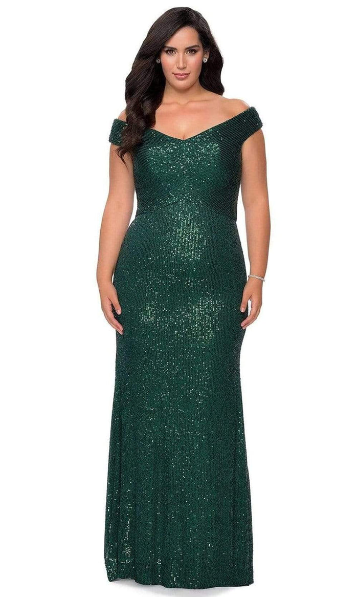 La Femme - 28795 Sequined Off-Shoulder Sheath Dress Evening Dresses 12W / Emerald