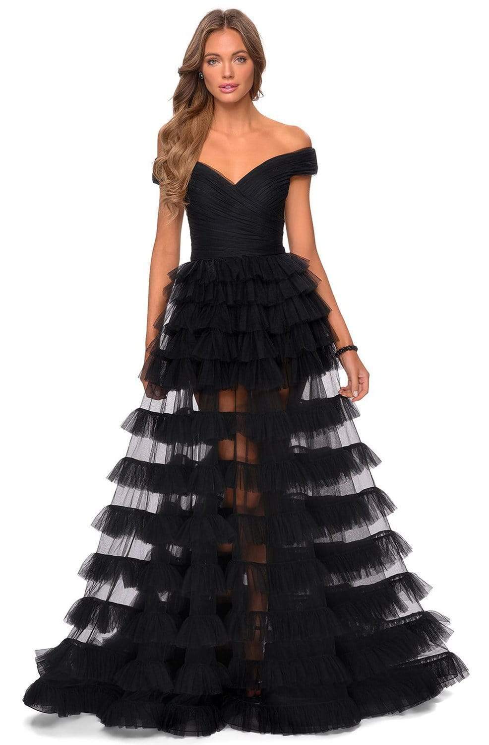 black off the shoulder tiered prom dress Zapakasa Women Prom Dress Black Off The Shoulder Tiered A-Line Evening Dress