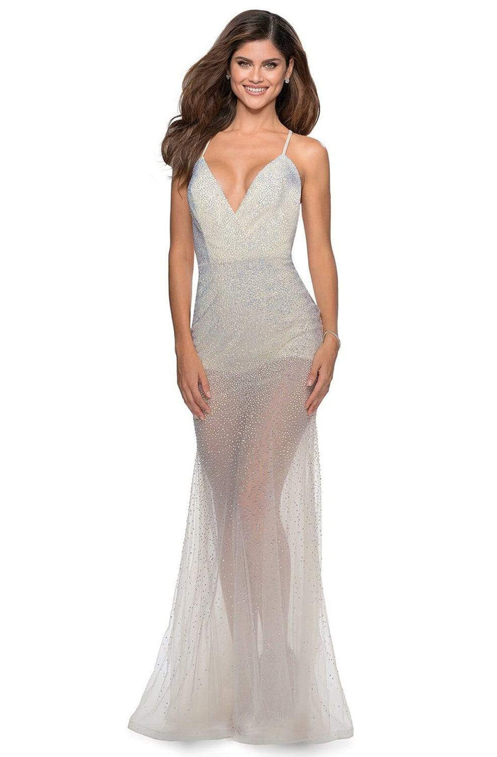 La Femme - 28806 Bedazzled Deep V-neck Sheath Dress With Train Prom Dresses 00 / White