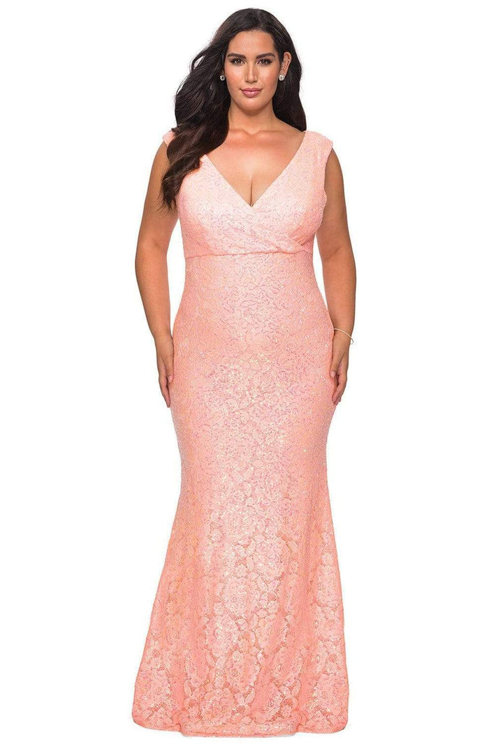 La Femme - 28837 V Neck Rhinestone Beaded Full Lace Evening Gown Evening Dresses 12W / Peach