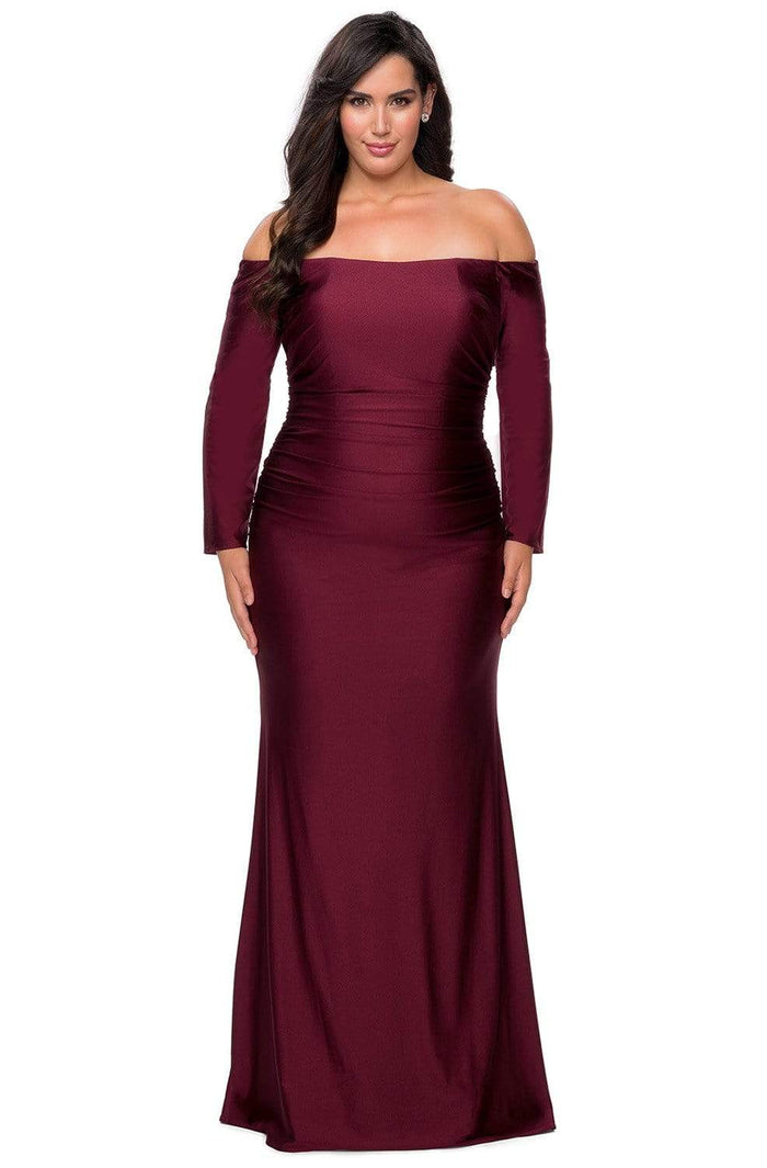 La Femme - 28881 Off-Shoulder Long Sleeves Dress Evening Dresses 12W / Dark Berry