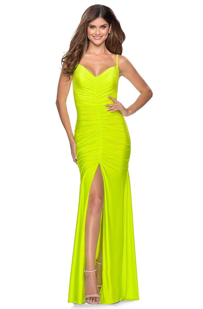La Femme - 28891 Deep V-Neck Ruched Sheath Dress Prom Dresses 0 / Neon Yellow