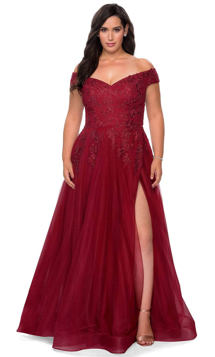 La Femme - 28950 Embroidered Off Shoulder High Slit Gown Evening Dresses 12W / Burgundy