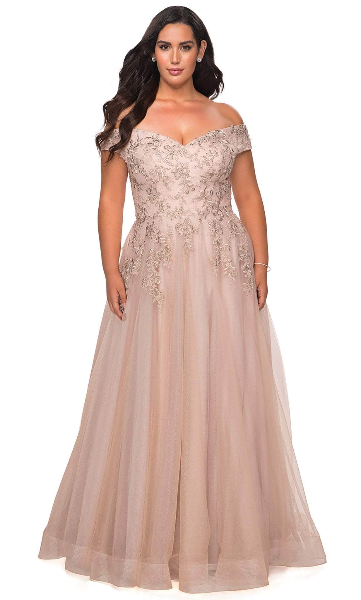 La Femme - 28950 Embroidered Off-Shoulder Modest Prom Gown – Couture Candy