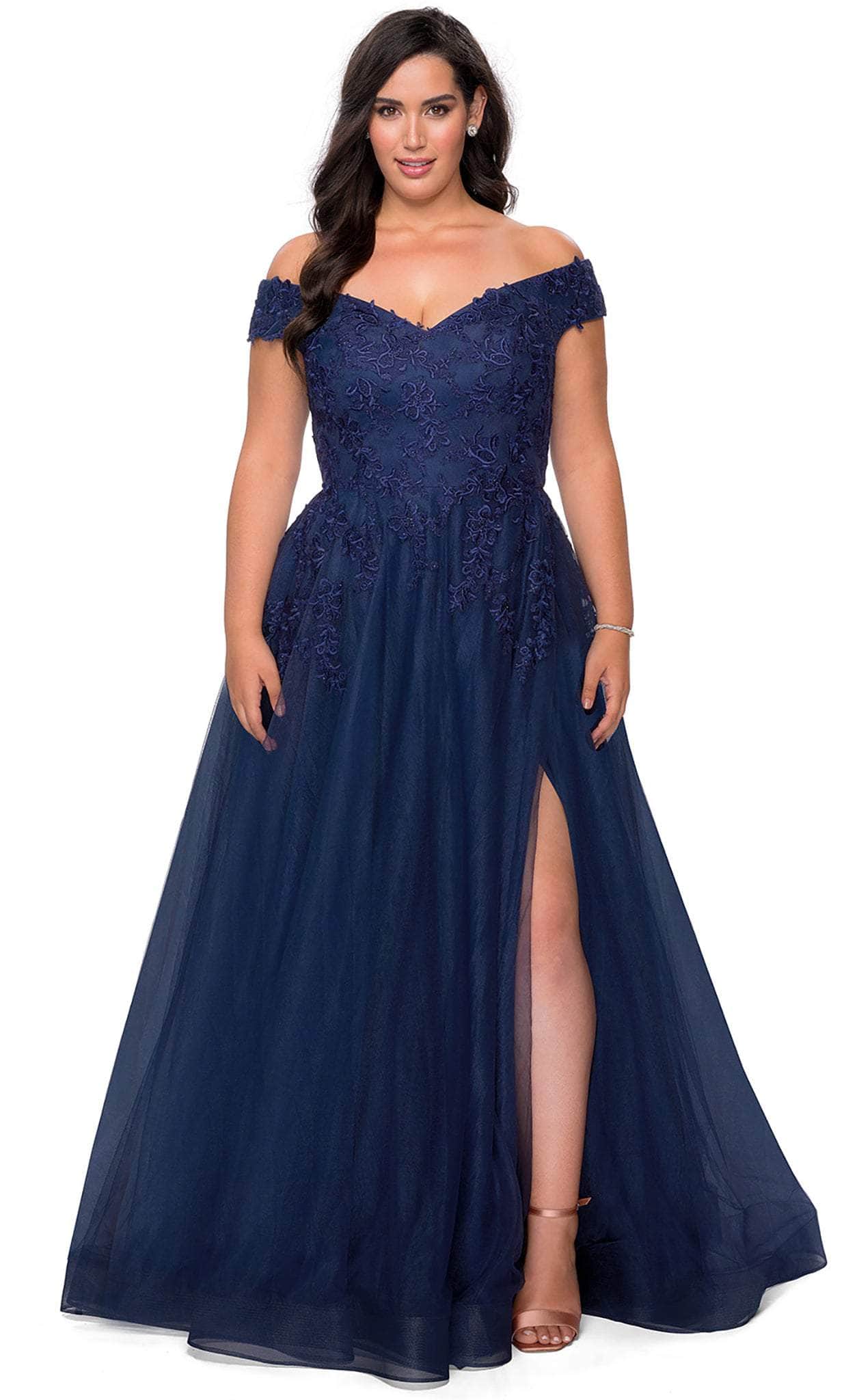 La Femme - 28950 Embroidered Off-Shoulder Modest Prom Gown – Couture Candy