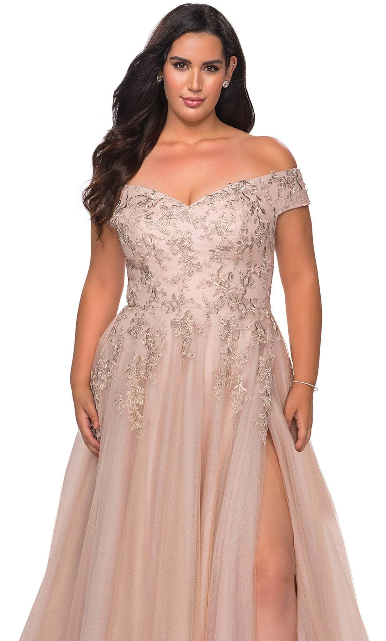 La Femme - 28950 Embroidered Off-Shoulder Modest Prom Gown – Couture Candy