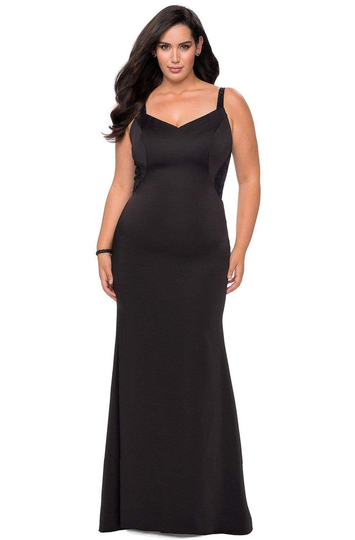 La Femme - 28964 Embellished V-neck Jersey Trumpet Dress Evening Dresses 12W / Black