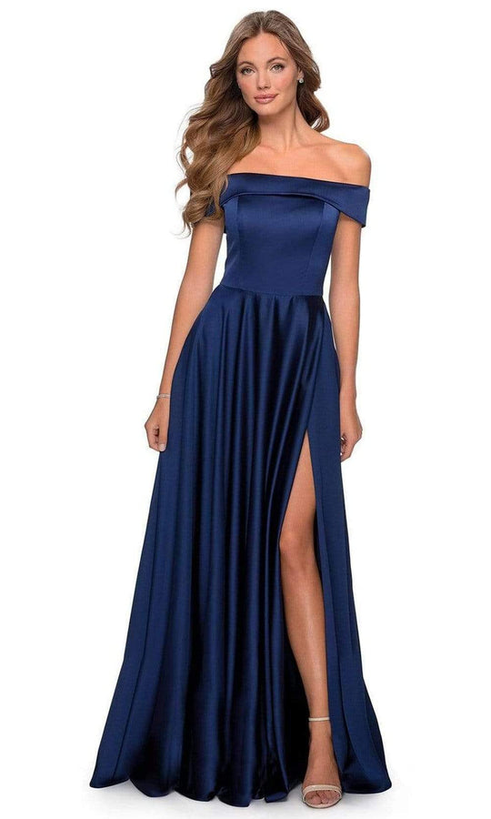 La Femme - 28978 Satin Off-Shoulder A-line Modest Prom Gown