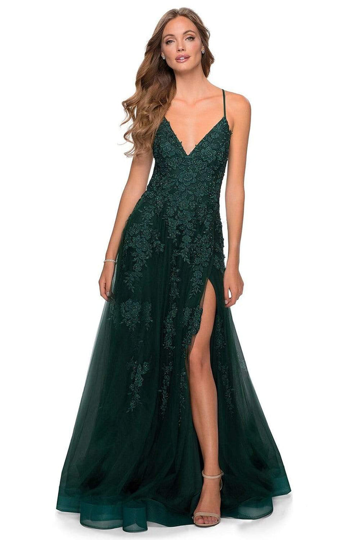 La Femme - 28985 Floral Lace Embroidered Deep V-neck A-line Gown Prom Dresses 00 / Dark Emerald