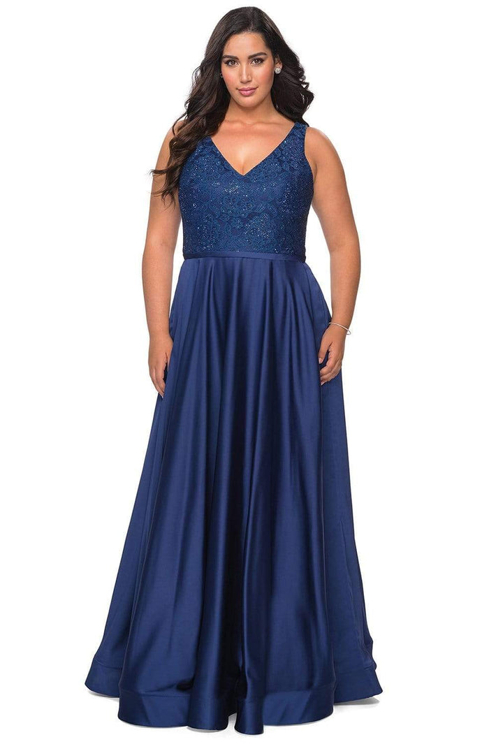 La Femme - 29004 Lace Bodice Wrap High Slit Gown Evening Dresses 12W / Navy