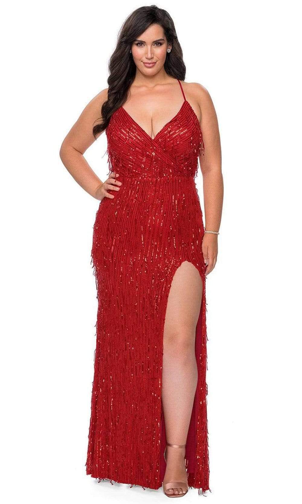 la femme fashion dresses La Femme - 29013 Sequined Plunging V-neck Sheath Dress 14W / Red