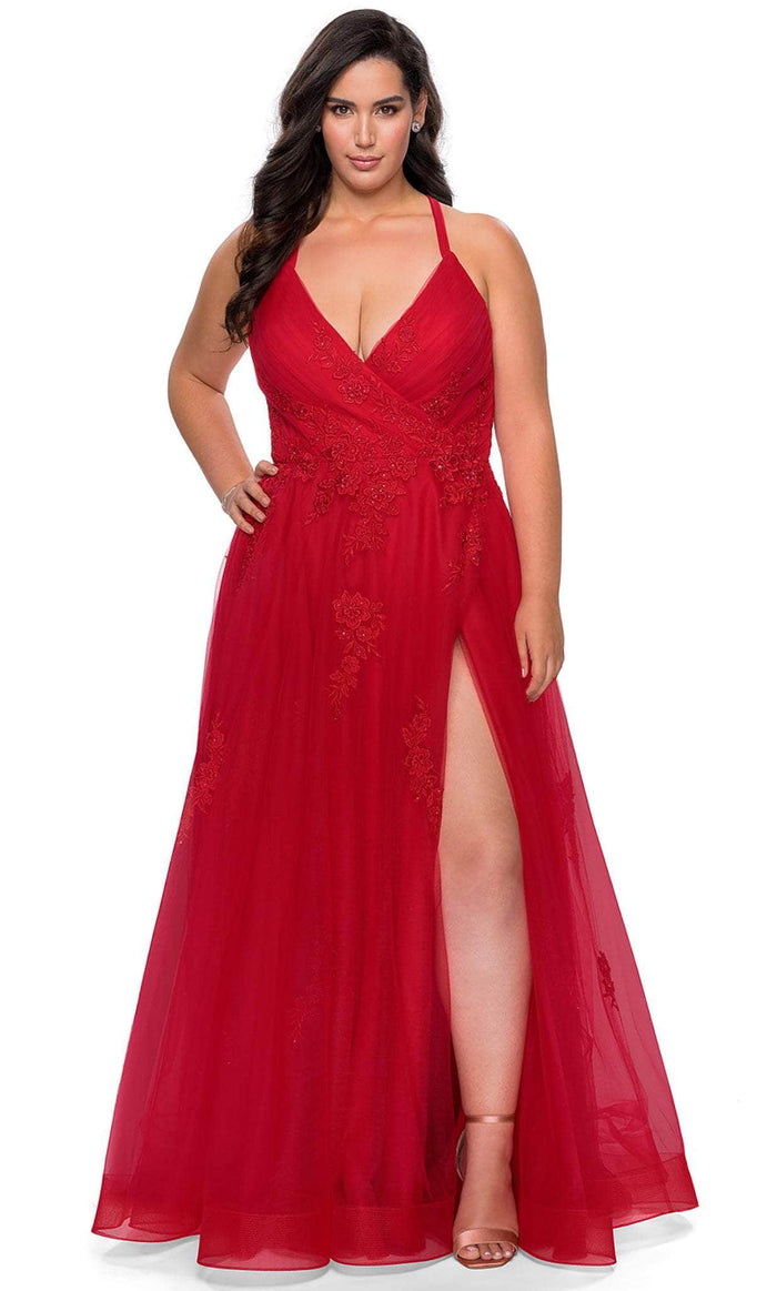 La Femme - 29021 Plunging V-neck Tulle A-line Gown Evening Dresses 12W / Red