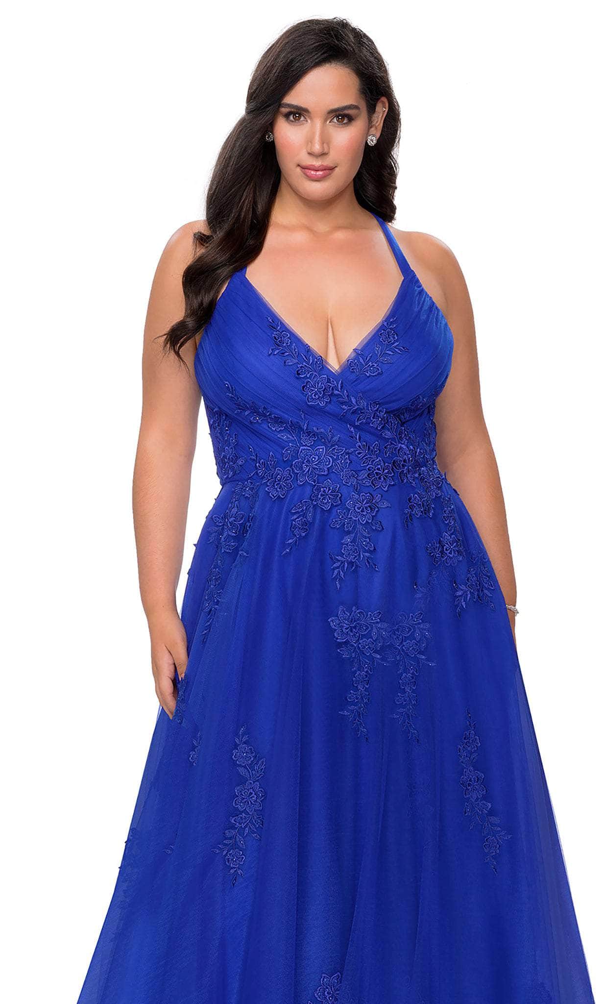 La Femme - 29021 Plunging V-neck Tulle Plus Size Prom Gown – Couture Candy