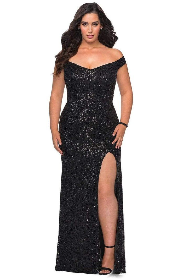 La Femme - 29023 Sequined High Slit Sheath Evening Gown Evening Dresses 12W / Black