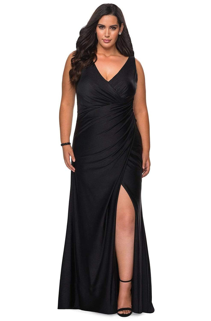 La Femme - 29024 Ruched V-neck Jersey Fitted Dress Prom Dresses 12W / Black