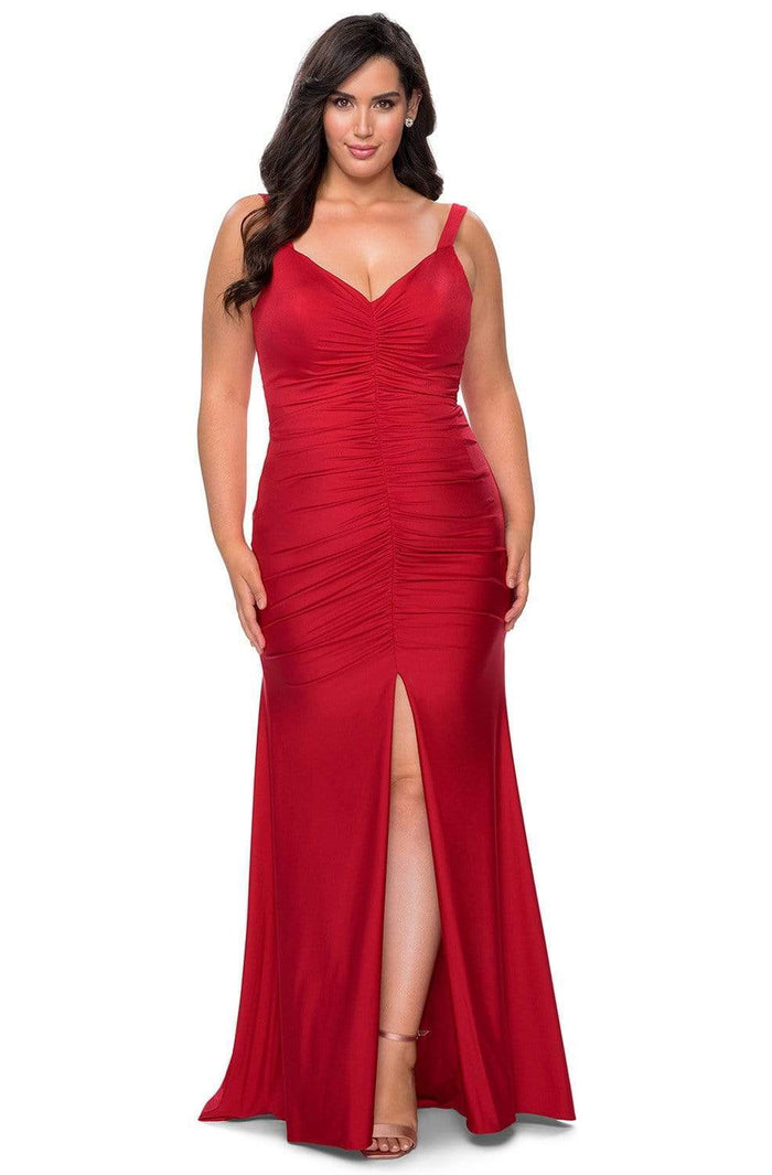 La Femme - 29027 V-neck Ruched Jersey Trumpet Dress Evening Dresses 12W / Red