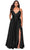 La Femme - 29033 Plunging V-neck Satin A-line Gown Evening Dresses 12W / Black