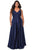 La Femme - 29039 Lace Bodice High Slit Satin Gown Evening Dresses 12W / Navy