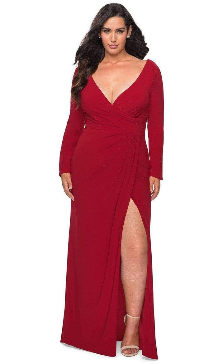 La Femme - 29044 Plunging V-neck Jersey Sheath Dress Evening Dresses 12W / Red