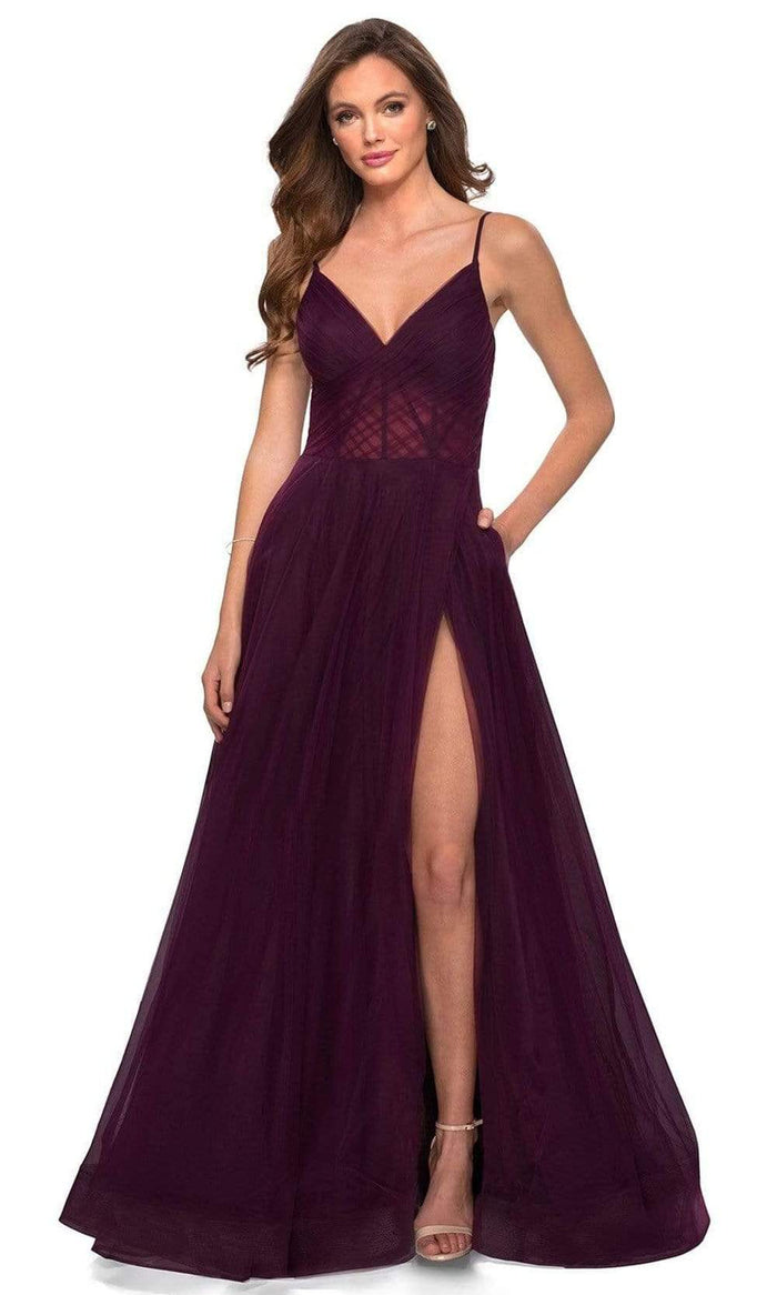 La Femme - 29076 V-Neck Semi-Sheer Bodice High Slit A-Line Gown Special Occasion Dress 00 / Dark Berry