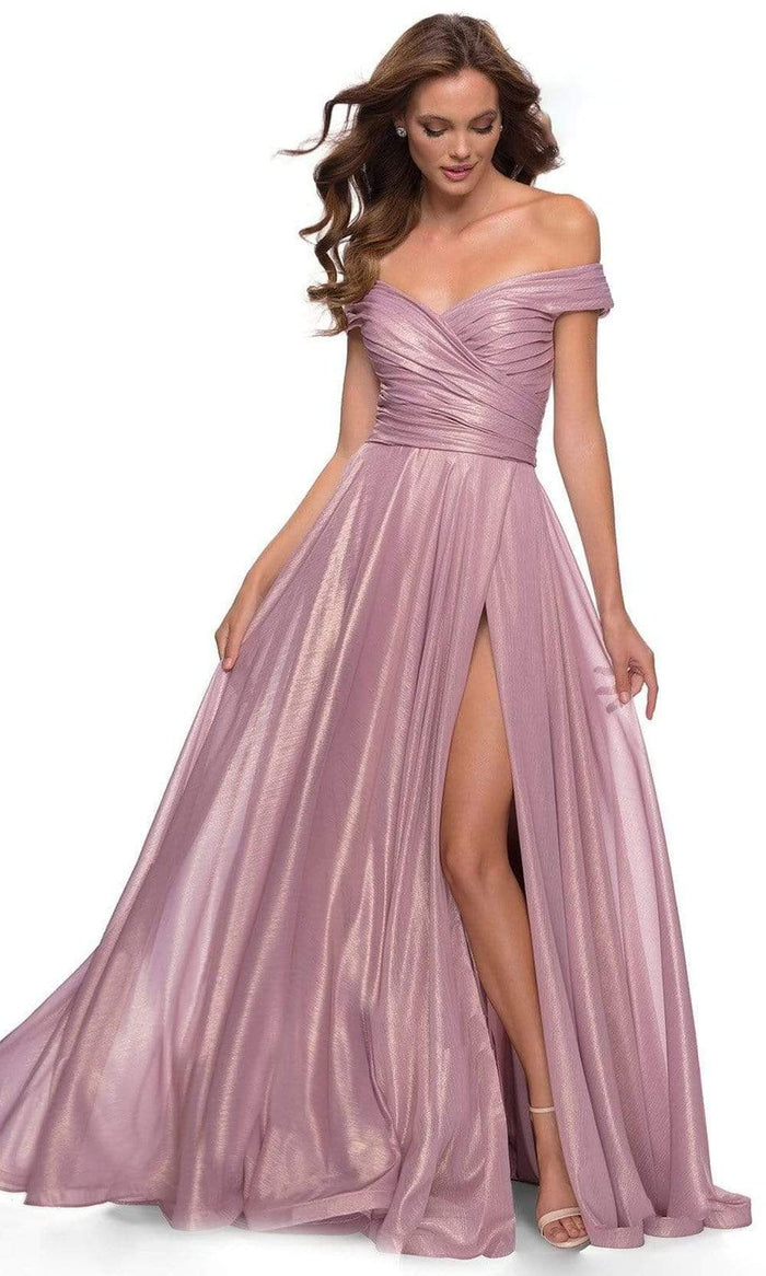 La Femme - 29172 Off Shoulder Metallic A-Line Dress Prom Dresses 4 / Pink Metallic