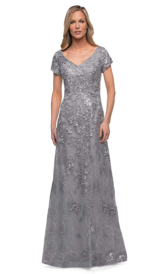 La Femme - 29291 V Neck Embroidered Modest Dress Mother of the Bride Dresses In Silver