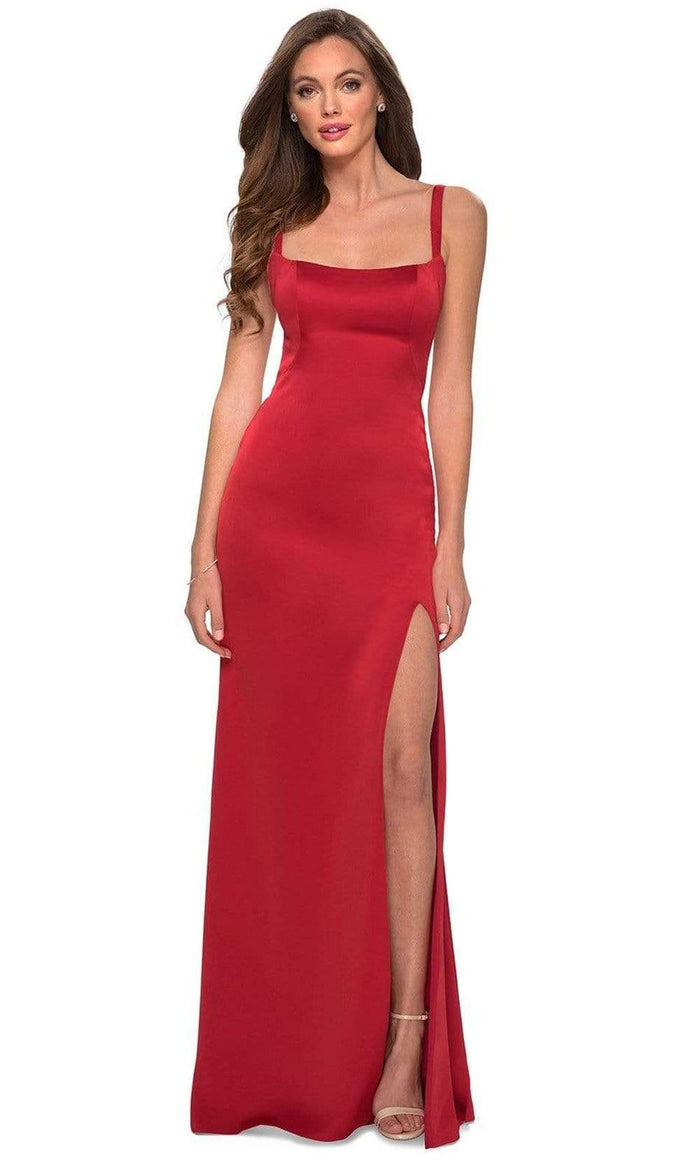 La Femme - 29349 Square Neck Plain Slit Dress Prom Dresses 00 / Red