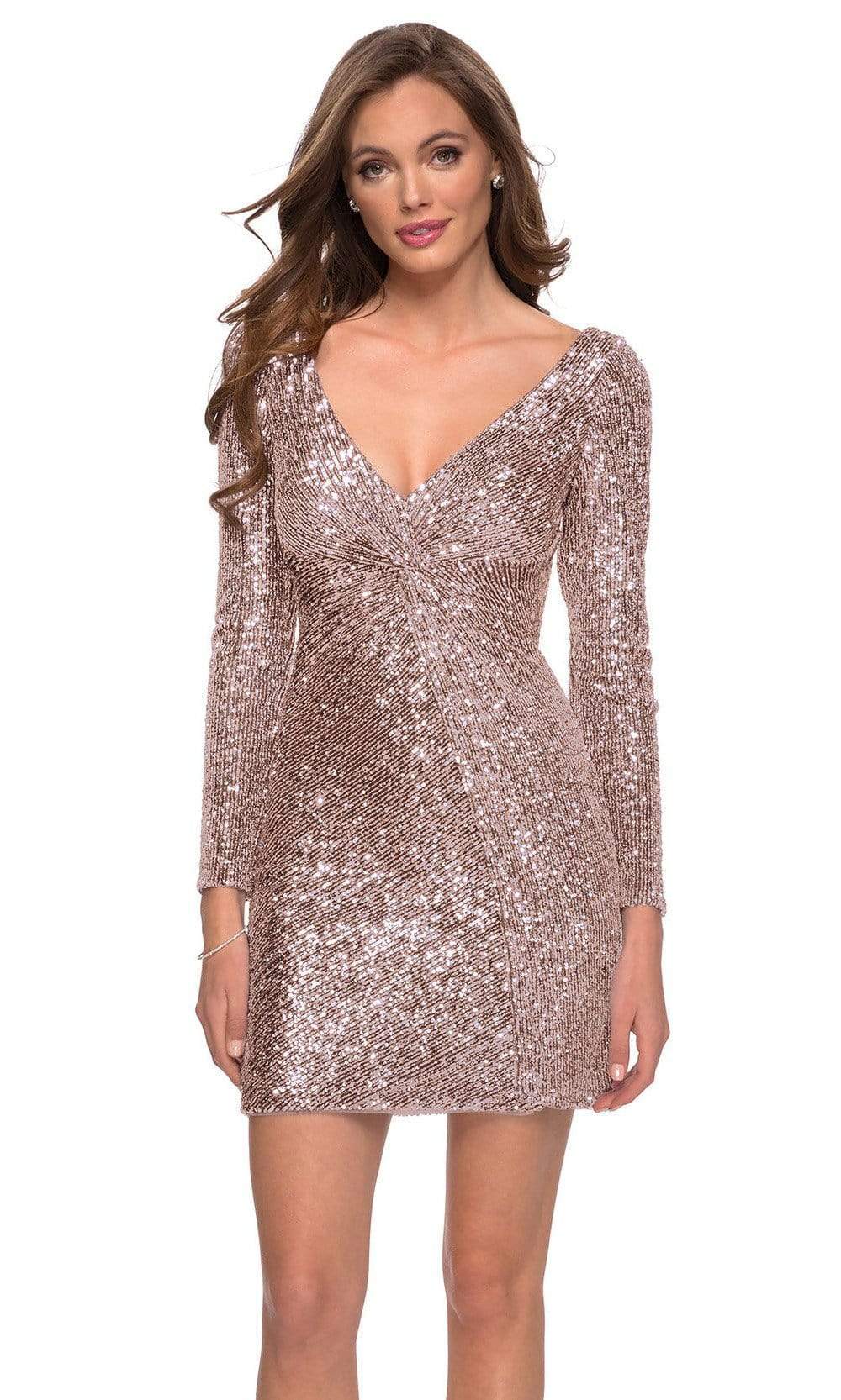 gold plunge sequin long sleeve bodycon dress Long Sleeve Twist Cut Out Front Mini Bodycon Dress In Gold Sequin | EGO US