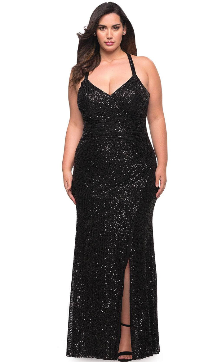 La Femme 29579 - Sparkling Halter Evening Dress Special Occasion Dress 12W / Black