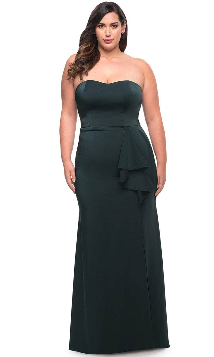 La Femme 29664 - Strapless Ruffled Slit Prom Gown Special Occasion Dress 12W / Dark Emerald