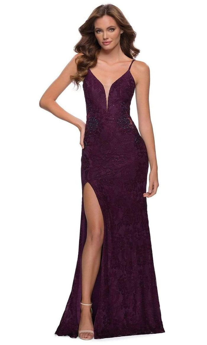 La Femme - 29679 Embellished Lace Deep V Neck Trumpet Dress Prom Dresses 00 / Dark Berry
