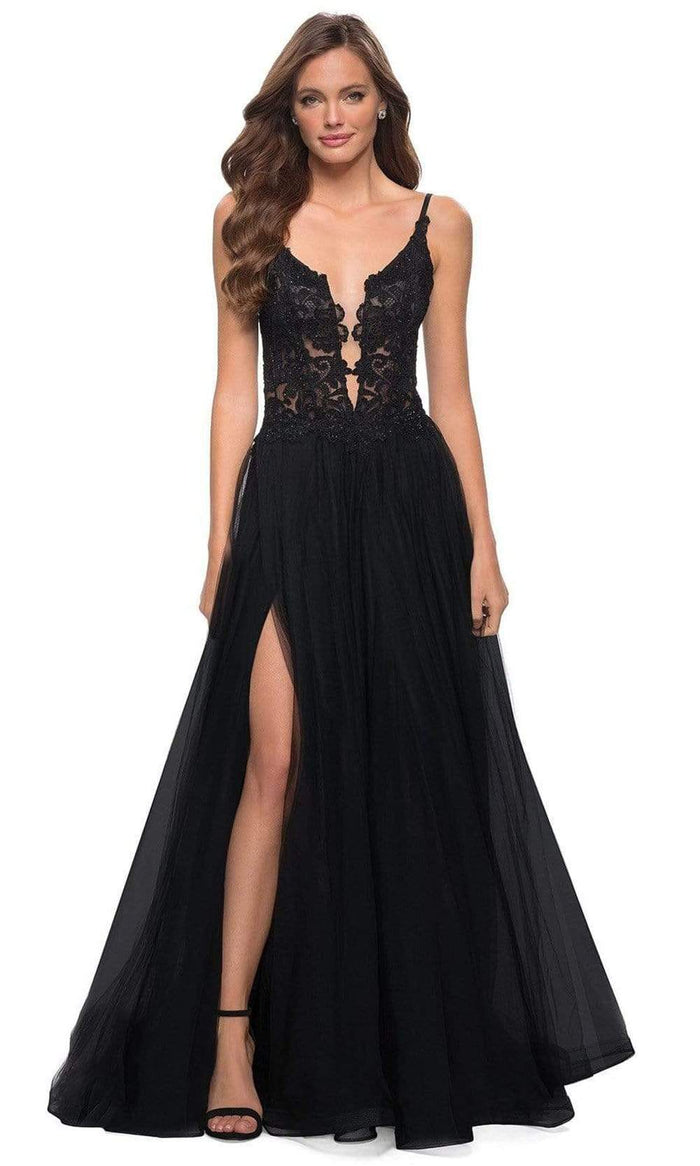La Femme - 29686 Sparkly Illusion Bodice High Slit A-Line Gown Prom Dresses 00 / Black