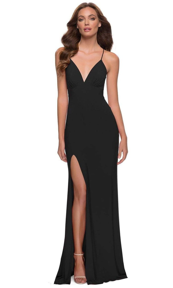 La Femme - 29708 Lace Up Back High Slit Jersey Dress Evening Dresses 00 / Black