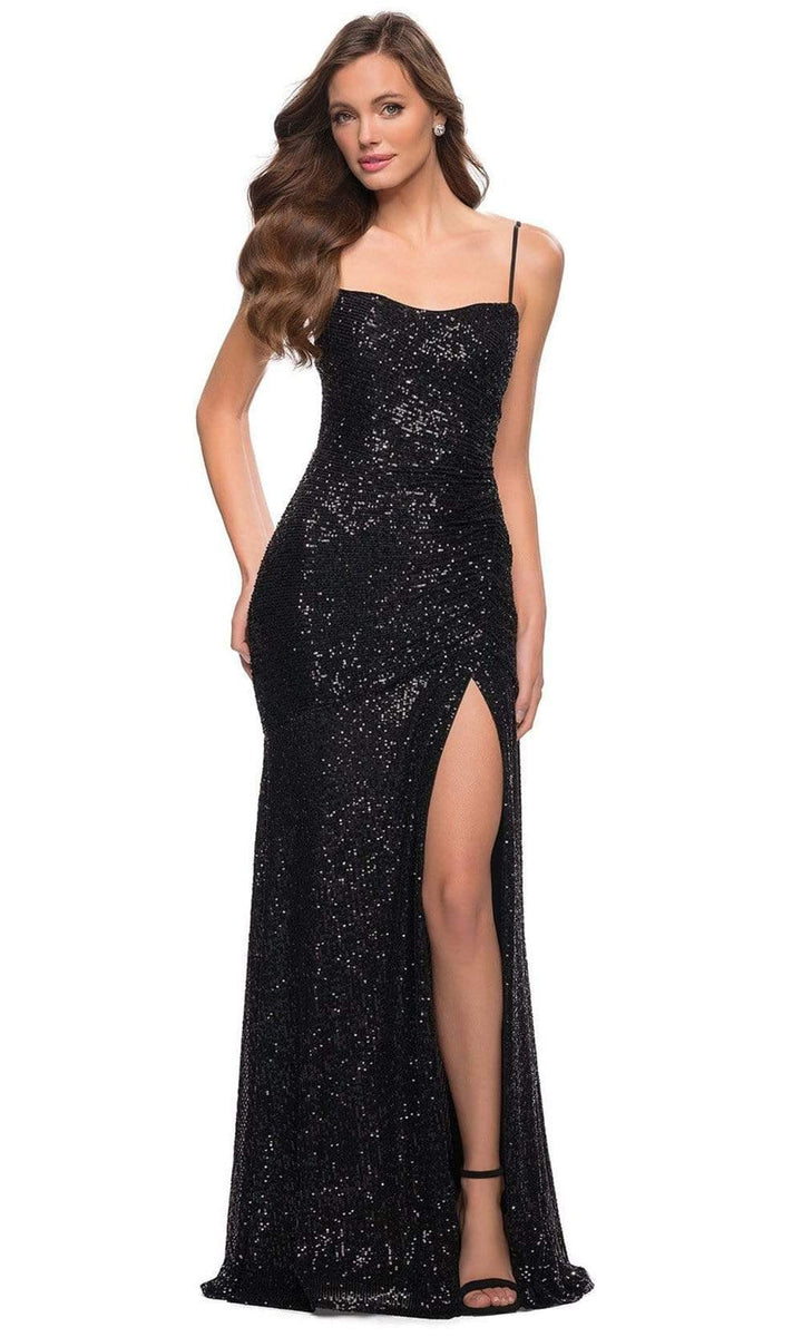 La Femme - 29741 Ruche-Ornate Sequined High Slit Dress – Couture Candy