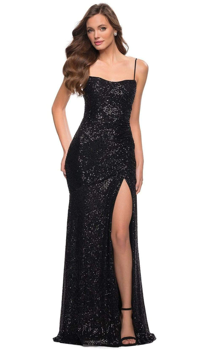 La Femme - 29741 Ruche-Ornate Sequined High Slit Dress Evening Dresses 00 / Black