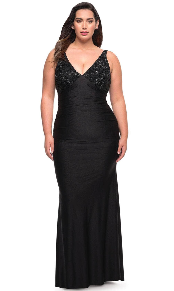 La Femme 29751 - Sleeveless V-Neck Column Dress Special Occasion Dress 12W / Black