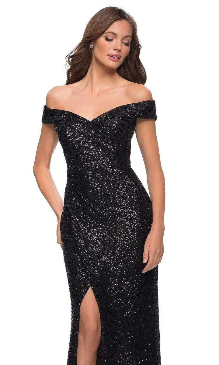 La Femme - 29831 Off Shoulder High Slit Full Sequin Gown – Couture Candy