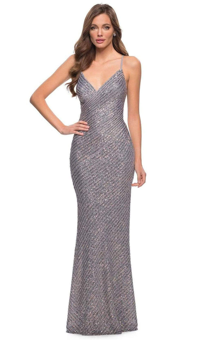 La Femme - 29895 V Neck Sequined Evening Dress Prom Dresses 00 / Silver