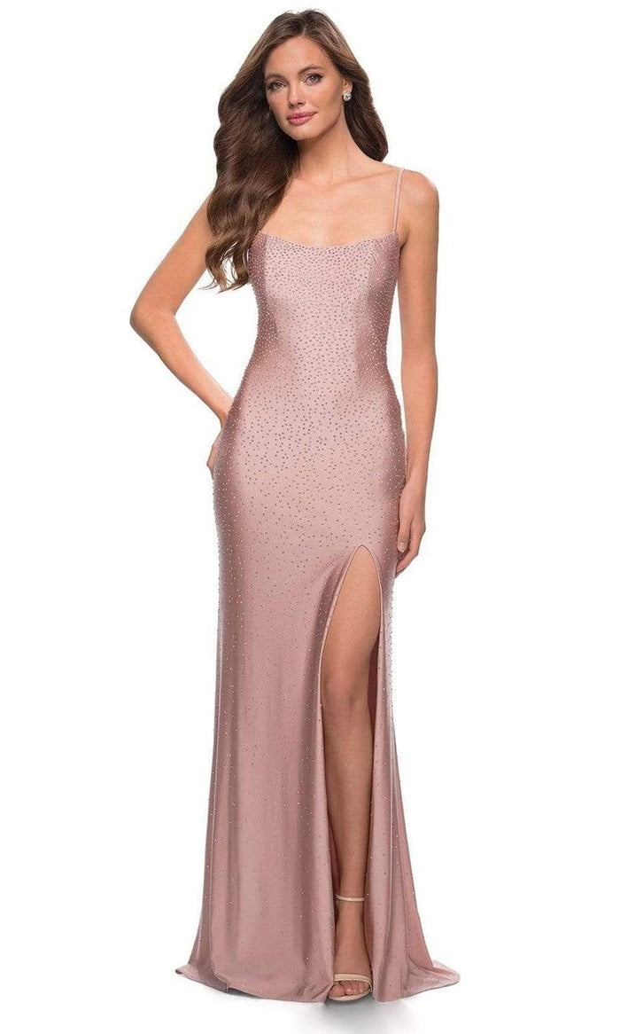 La Femme - 29899 Rhinestone Studded High Slit Dress Evening Dresses 00 / Mauve