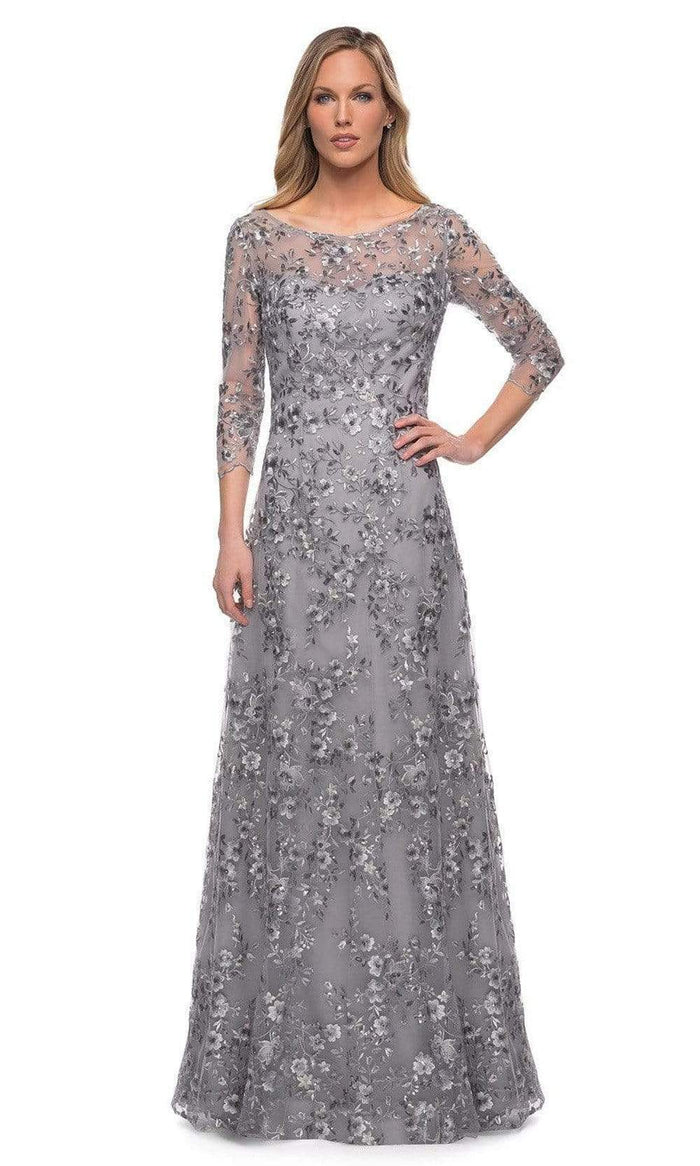 La Femme - 29903 Floral Embroidered Sheer Sleeve Gown Mother of the Bride Dresses 2 / Silver