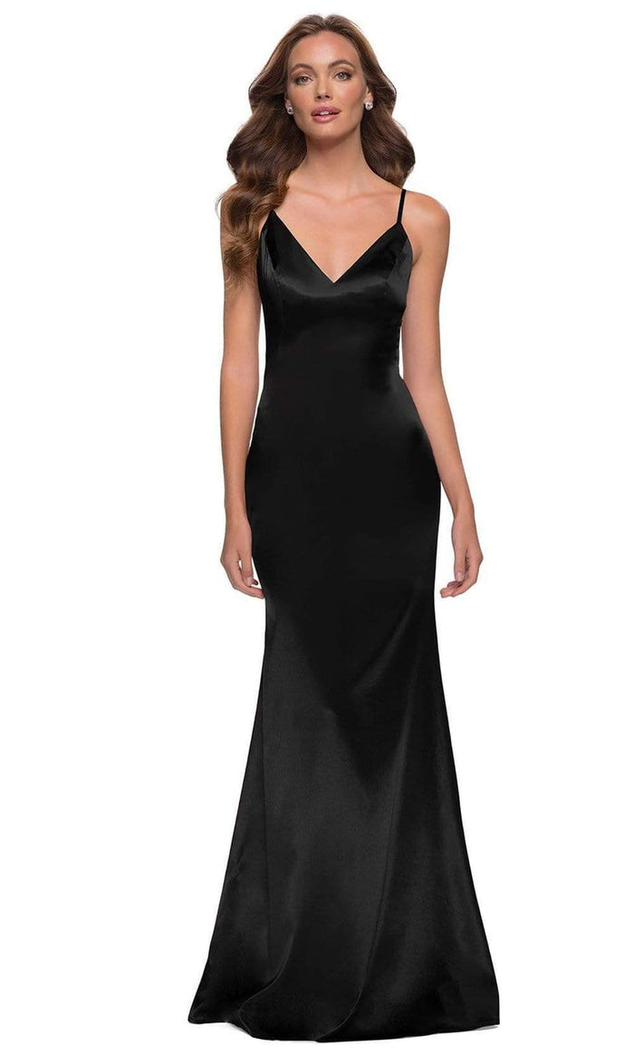 La Femme - 29960 Sleeveless V-Neck Fitted Satin Long Dress Prom Dresses 00 / Black