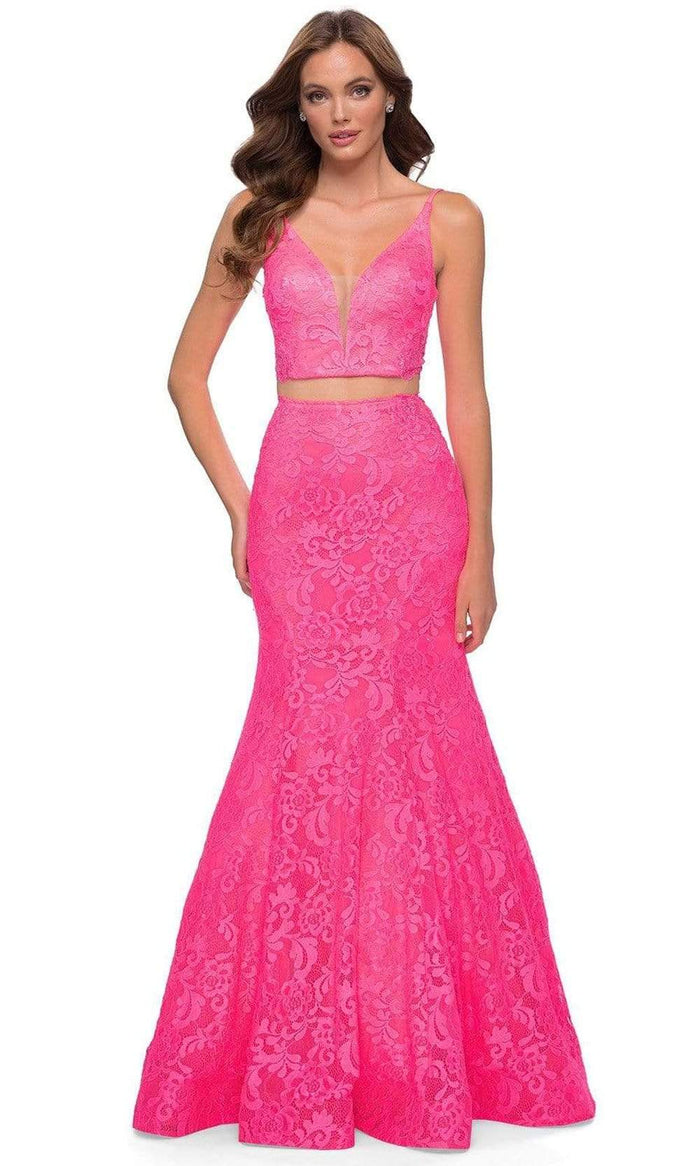 La Femme - 29967 Two Piece Floral Lace Trumpet Prom Dresses 00 / Neon Pink