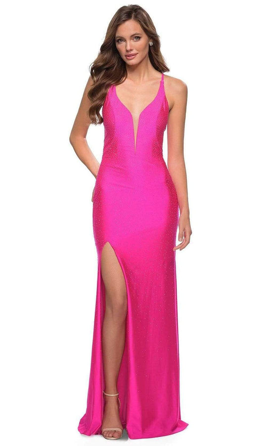 La Femme - 29969 Low V-Neck Beaded Simple Prom Long Gown