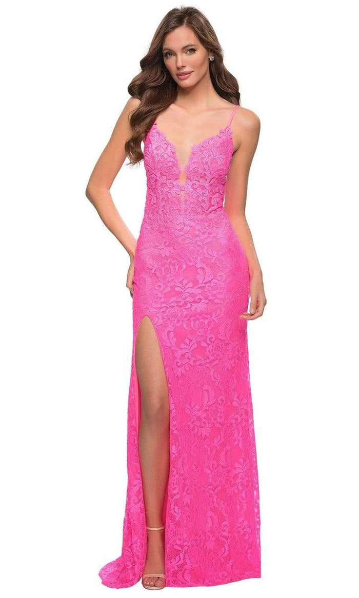 La Femme - 29987 Lace High Slit Evening Dress Prom Dresses 00 / Neon Pink