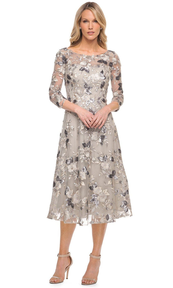 La Femme 29988 - Embroidered Tea Length Dress Cocktail Dresses 4 / Silver