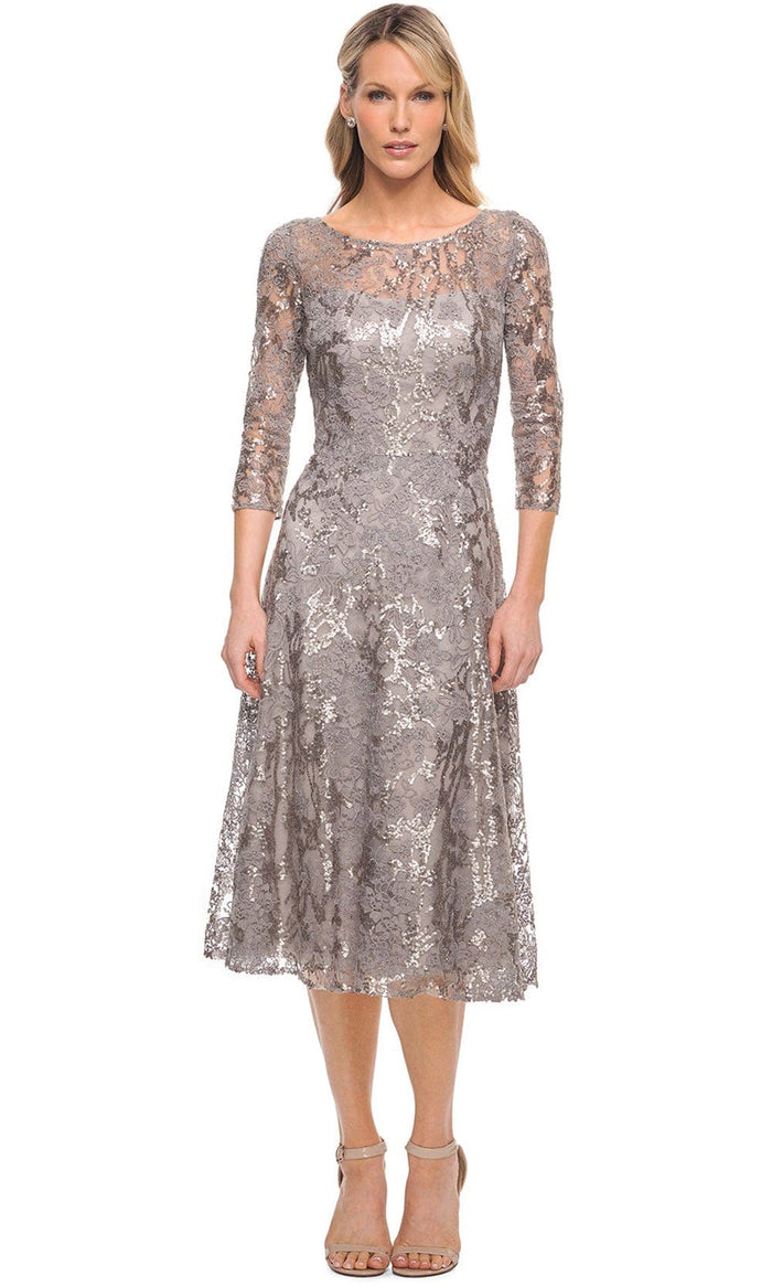 La Femme 29993 - Sparkly Embroidered Tea Length Dress Special Occasion Dress 4 / Silver