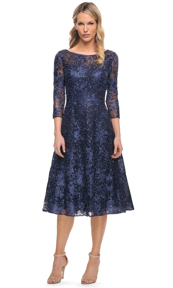 La Femme 30005 - Embroidered Tea Length Dress Special Occasion Dress 4 / Navy