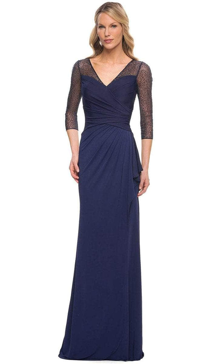 La Femme - 30028SC Sheer Quarter Length Sleeve V-neck Long Dress ...