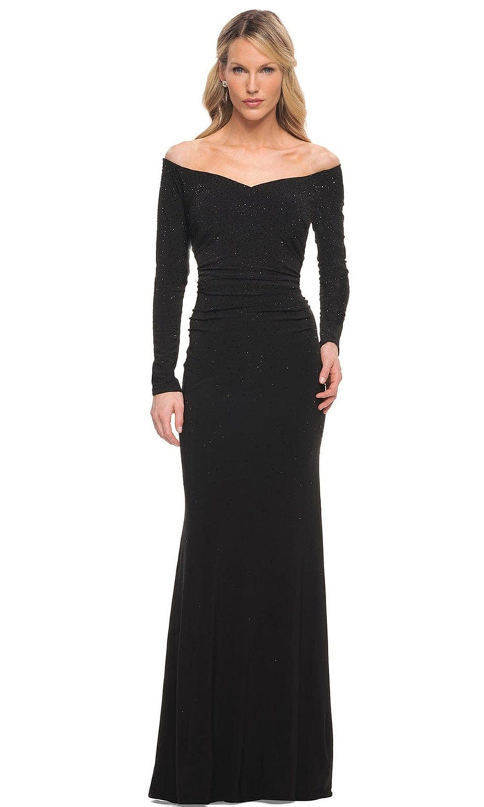 La Femme 30073 - Ruched Long Sleeve Beaded Gown Special Occasion Dress 4 / Black