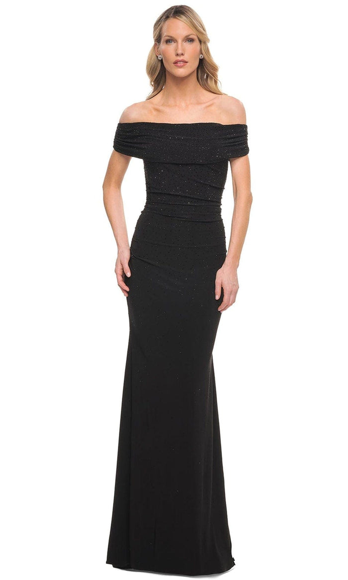 La Femme 30117 - Off Shoulder Beaded Long Gown Special Occasion Dress 4 / Black